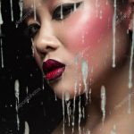 Schöne asiatische Mädchen mit hellen Make-up hinter Glas und Tropfen Wachs.  Schönheit-