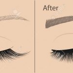Permanent makeup. Eyeliner and correction eyebrow shaping. Before and  after. Salon procedure.