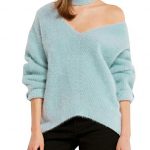 Melegant Herbst Damen Pullover Cold Shoulder Elegant Langarm Gestrickte Top  Oberteile Sweater Blau
