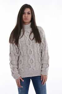 Image is loading Hand-Knit-Wool-Cable-Sweater-Fuzzy-Soft-Mock-