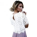 2019 weißes häkeln kurzes hülsenoberteil Neue Mode Weiß Blumenspitze  Aushöhlen Crochet Top Vintage Frauen Oansatz Hemd