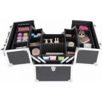iKayaa Professional Aluminum Makeup Box Organizer with Lock , Cosmetic  Storage Case With Strap & 4