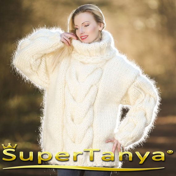 12 strands mega thick and fuzzy hand knitted mohair sweater with big cable, unisex handgestrickte pullover in ivory cream by SuperTanya