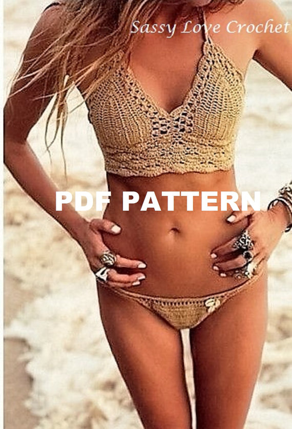 Crochet Bronze Bikini Pattern, Halter Bikini Pattern & Bikini Bottoms, Bikinis swimwear Boho Gypsy Festival- Digital Download
