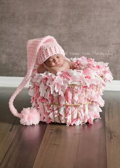 Newborn  Elf Hat, Newborn Pink Hat, Photography Prop, Newborn Photo Prop, Long Tail Hat, Stocking Cap, Newborn Pom Pom Hat, Crochet Baby Hat