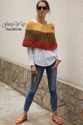 Women’s wool poncho shrug cape hand knit yellow multicolored orange chunky knit poncho sweate…