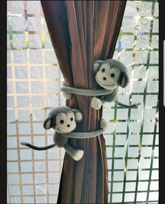 2 Monkey Curtain Tiebacks, Crochet monkey, monkey tieback, baby shower, (Made of Cotton yarn)