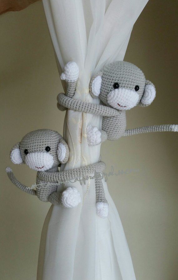 A pair of Light Pearl Gray Monkeys,Monkey Curtain Tiebacks ,Crochet monkey (Made of cotton yarn)