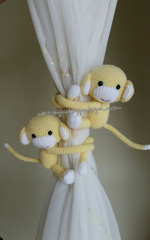 A pair of Light yellow Monkey Curtain Tiebacks, (Made of Cotton yarn)