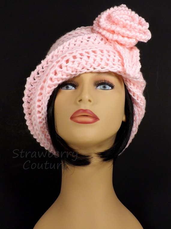 Art Deco Unique Ombretta Womens Soft Pink Crochet Cloche Hat for Flapper Girl with Rose Flower for Women in Soft Pink Acrylic Yarn