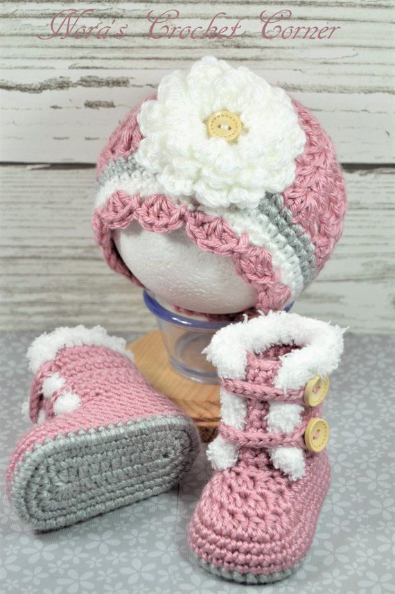 Baby Girl Boots, Hat with Flower, Fur Trim, Crochet