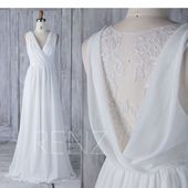 Bridesmaid Dress Off White Chiffon Dress Ruched V Neck Wedding Dress Illusion Lace Draped Bac...