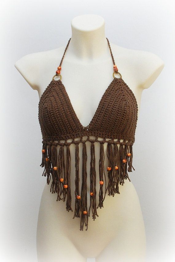 Brown crochet top bra, chocolate cotton halter top, beautiful fringle crochet top, hippy top, beach crochet top bra