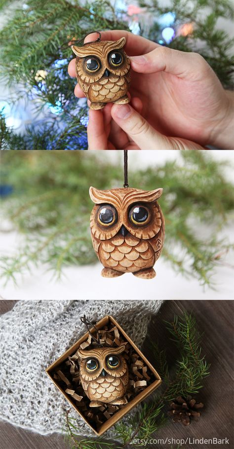 Carved owl ornament Owl lover gift Christmas ornaments Wood carving Christmas tree toy Bird ornaments Wooden owl figurine Woodcarving Owl