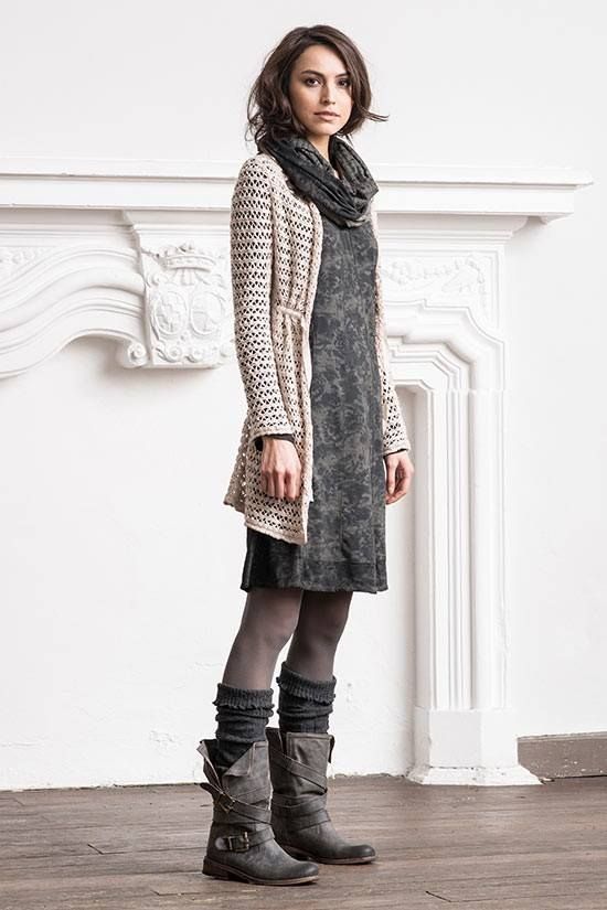 Casual dress, long cardigan, scarf, winter boots