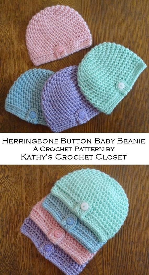 Crochet Baby Beanie PATTERN – Herringbone Button Baby Beanie – Crochet Baby Hat Pattern – Newborn Preemie Hat Pattern – Baby Gift Pattern