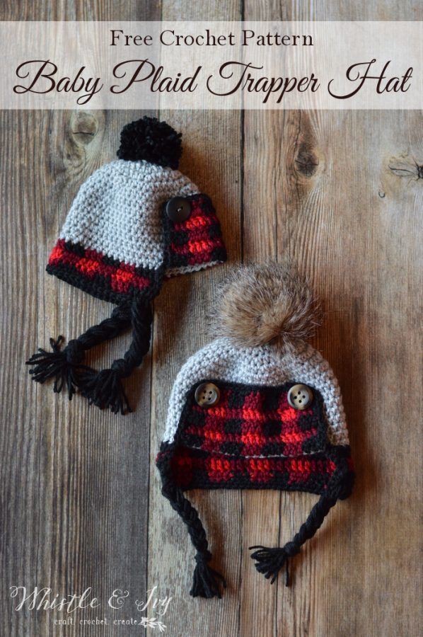 Crochet Baby Plaid Trapper Hat - Free Crochet Pattern - Whistle and Ivy