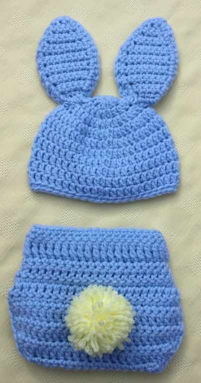 Crochet Bunny Hat and Diaper Cover Set, Newborn Baby Bunny Hat, Easter Baby Gift, Blue Diaper Cover,