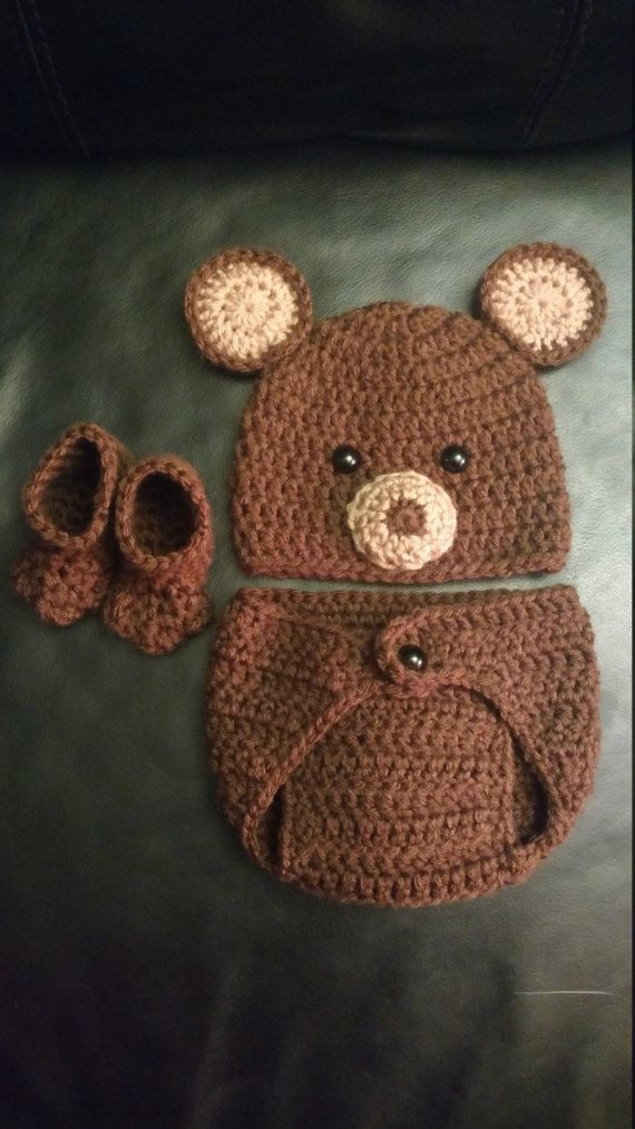 Crochet Newborn Bear Outfit – Baby Girl or Boy Woodland Costume – Photo Prop – Beanie Hat, Diaper Cover, and Booties. Handmade & Homemade