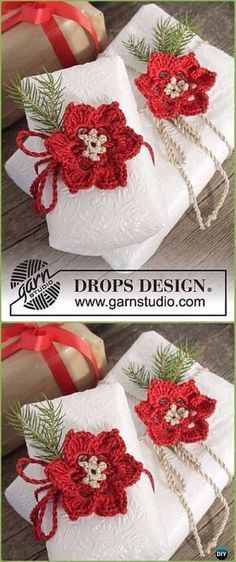 Crochet Poinsettia Gift Wrap Topper kostenlose Muster - Crochet Poinsettia Chris...