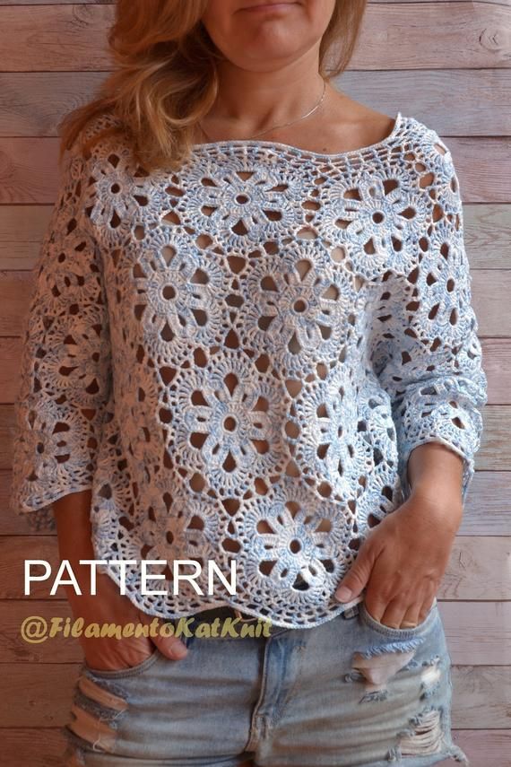 Crochet Sweater PATTERN Lace BLOUSE women / light Blue Melange / 34 sleeve cold shoulder pattern Top Crochet TUTORIAL pdf