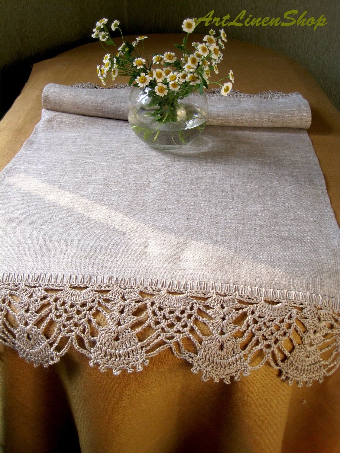 Crochet doily Lace tablecloth Linen table runners Gray linens Rustic table runner Crochet tablecloth