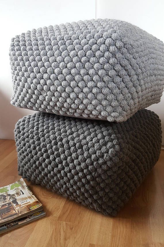 Crochet grey/white/blue/green pouf-ottoman / Knit stuffed ottoman / Crochet footstool