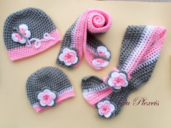 Crochet set hat and scarf, crochet baby girl hat and scarf, crochet grey and pink beanie and scarf, toddler hat with flowers-butterfly