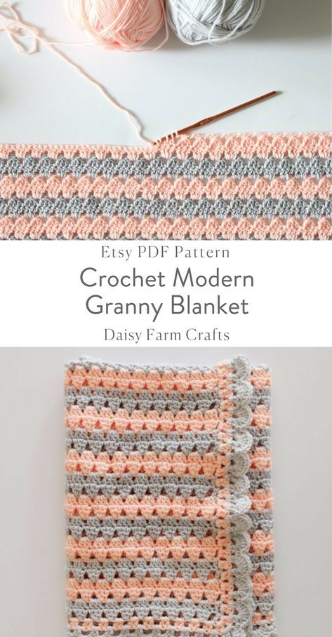 Etsy PDF Pattern - Crochet Modern Granny Blanket in Peach and Grey