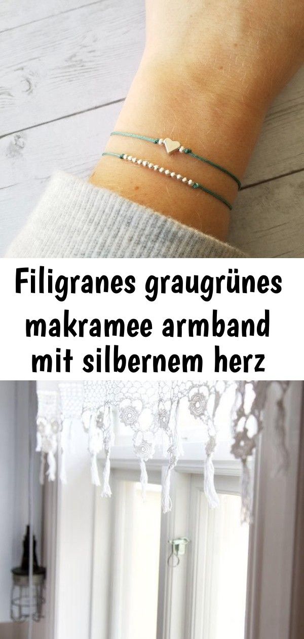 Filigranes graugrünes makramee armband mit silbernem herz