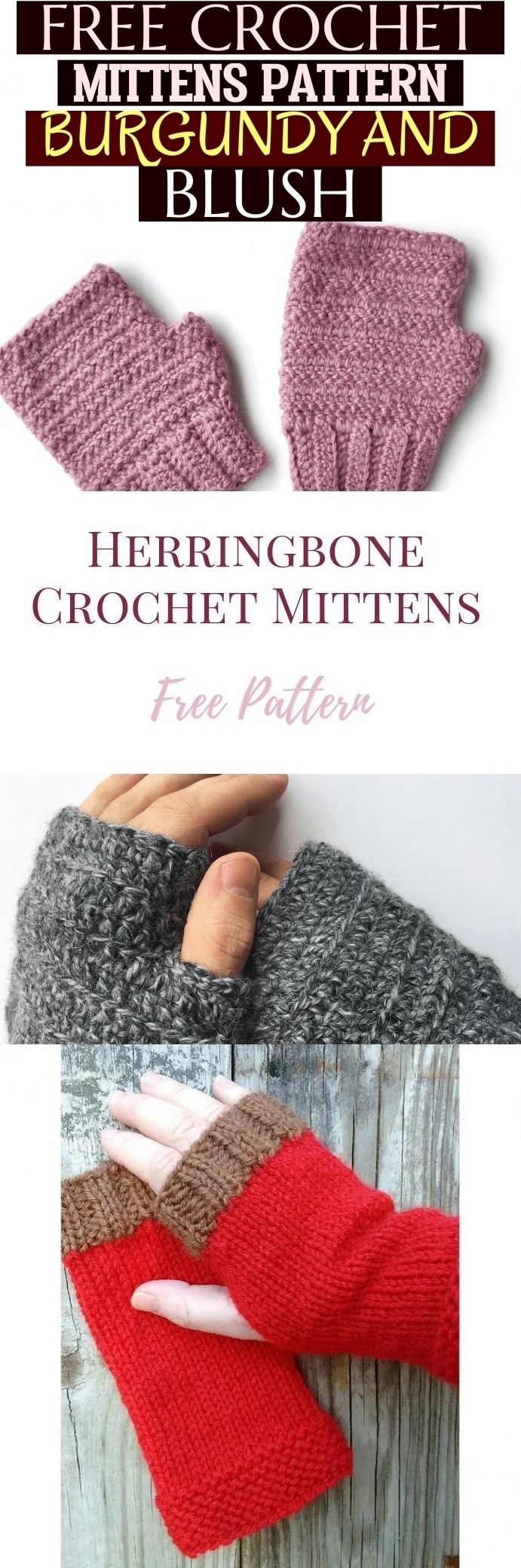 Free Crochet Mittens Pattern - Burgundy And Blush ! häkeln fäustlinge muster -...