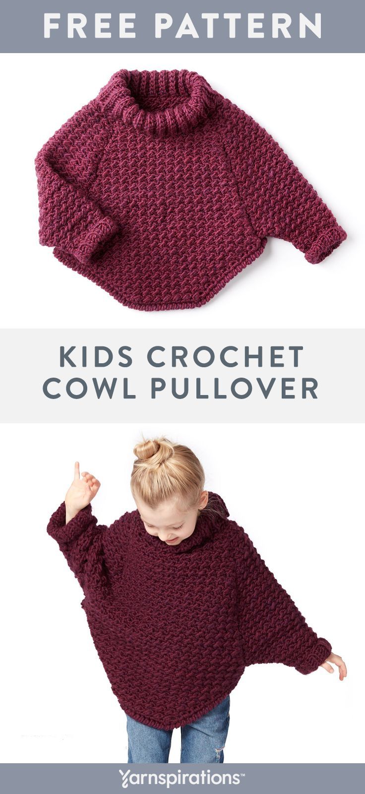 Free Girl’s Crochet Pullover Pattern | This beginner friendly crochet pullover is a perfect layering piece for your little one! Working a simple crochet stitch and some basic shaping this sweater is great for beginners. Crocheted in super soft Bernat Roving, this easy to care for yarn makes this sweater a staple for winter. #yarnspirations #bernatroving #kidscrochetpatterns #crochet #freecrochetpatterns