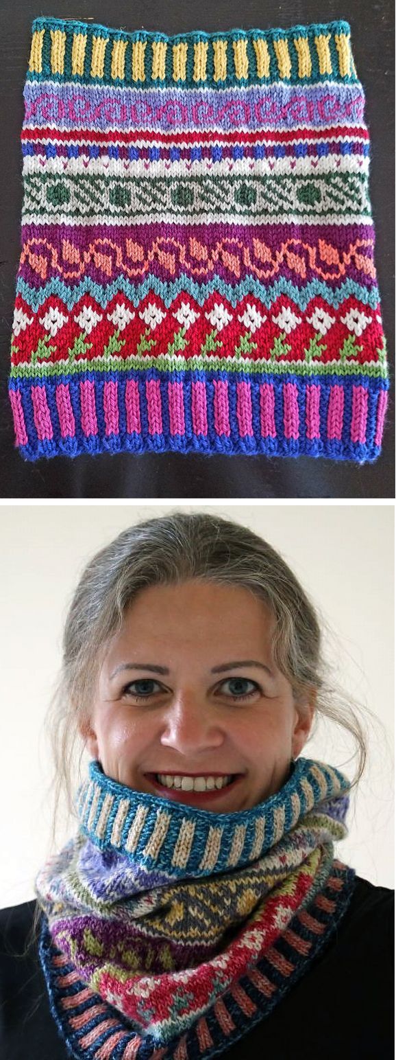 Free Knitting Pattern for All That Jazz Cowl – This stranded and fair isle cowl was designed for up to 16 colors of DK yarn but can be adapted to any number as few as 4 or 5 so it’s perfect for scrap or stash yarn. Designed by TheTwistedYarn. Pictured project at top is by NaugyKnits who used 13 colors