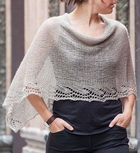 Free Knitting Pattern for Emilia Poncho - This lace edged poncho is knit as a re...
