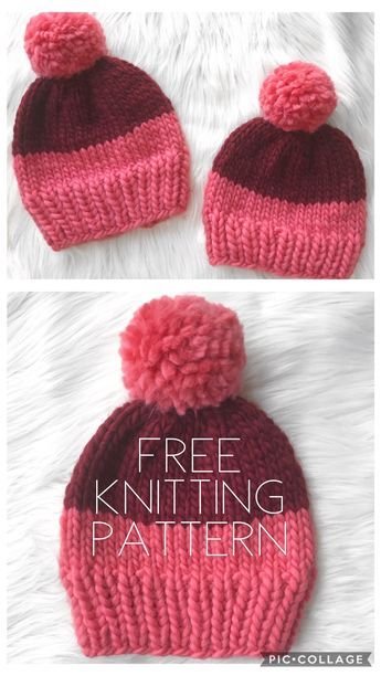Free beginners knitting pattern for the two-tone chunky beanie