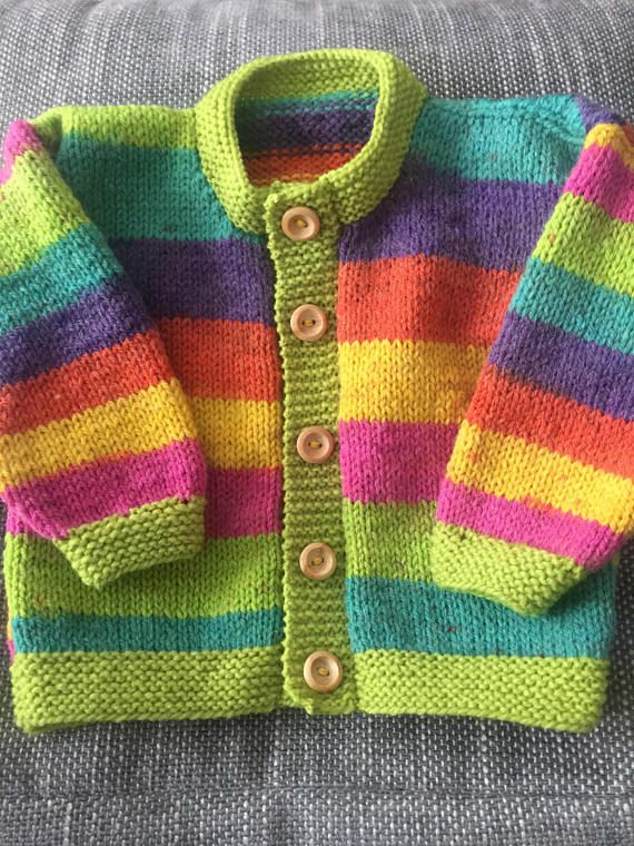 Girls baby/toddler cardigan sweater hand knitted in muted stripes with wooden button detail various sizes available