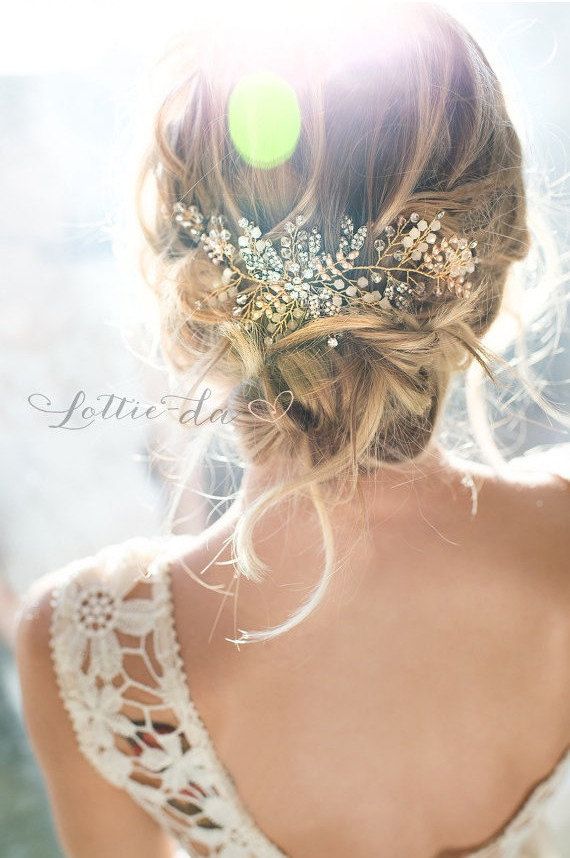 Gold Bridal Hair Vine Accessory, Boho Beaded Wire Half Halo or Headband, „Zoya“