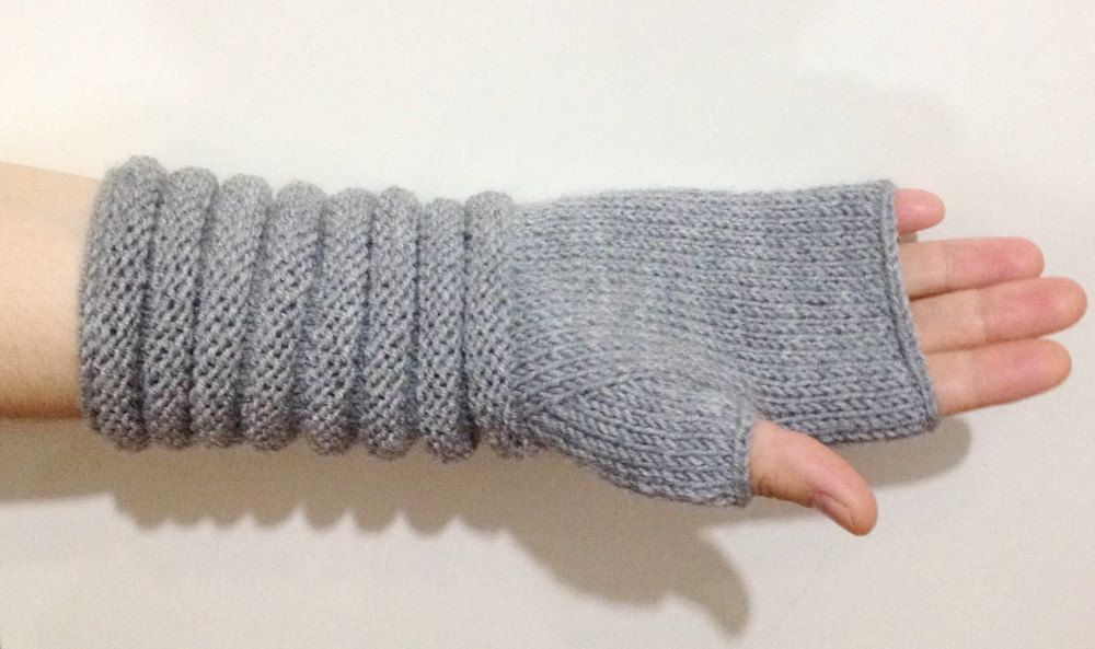 Gray Wool Knit Gloves, Knitted Fingerless Gloves, Winter Accessories Women, Gifts Under 50, Long Gloves, Five Needle Knit