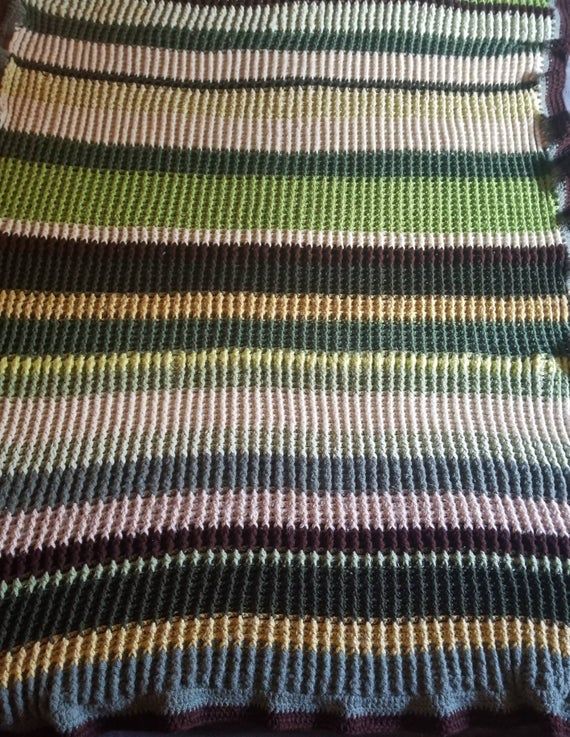 Green Afghan Throw Blanket, Striped, Brown Edging, Bedding, Waffle Stitch, Thick and Warm, Crochet Winter Blanket, Twin to Full, Greens.