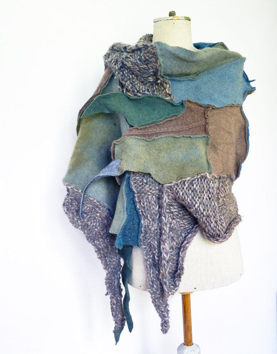 Hand knited shawl, wrap scarf, shrug brown, blue, beige, asymmetrical unique OOAK,soft wool felt fleece, unique, art to wear patchwork A6