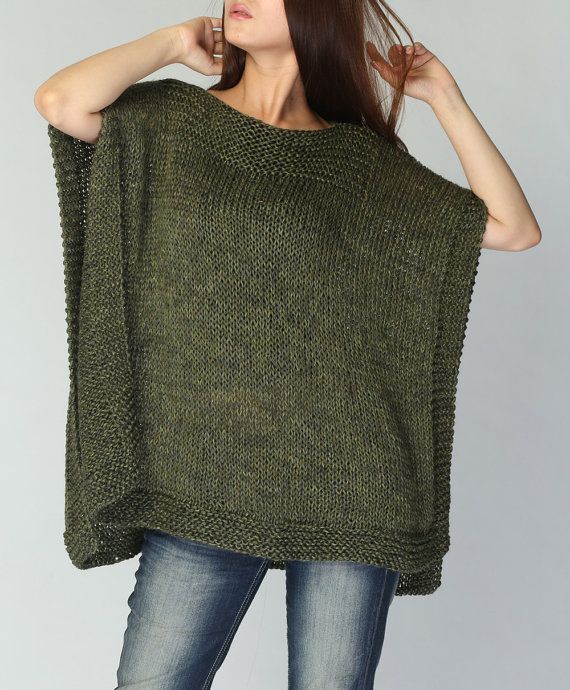 Hand knitted Poncho/ capelet eco cotton poncho in Fall green -ready to ship