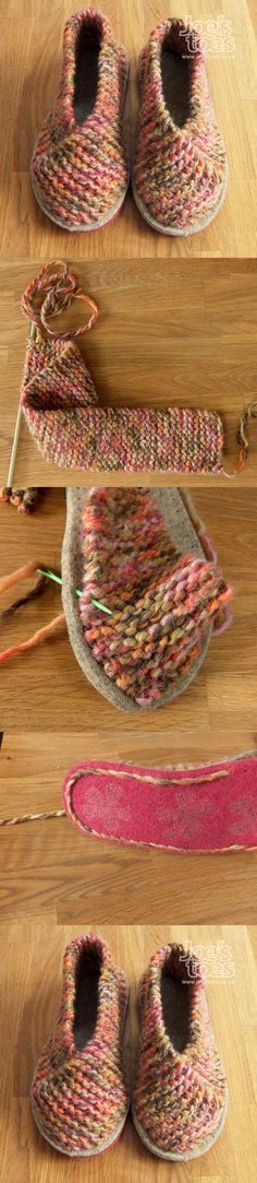 How to make knitted slippers by attaching a long garter-stitched rectangle strip…