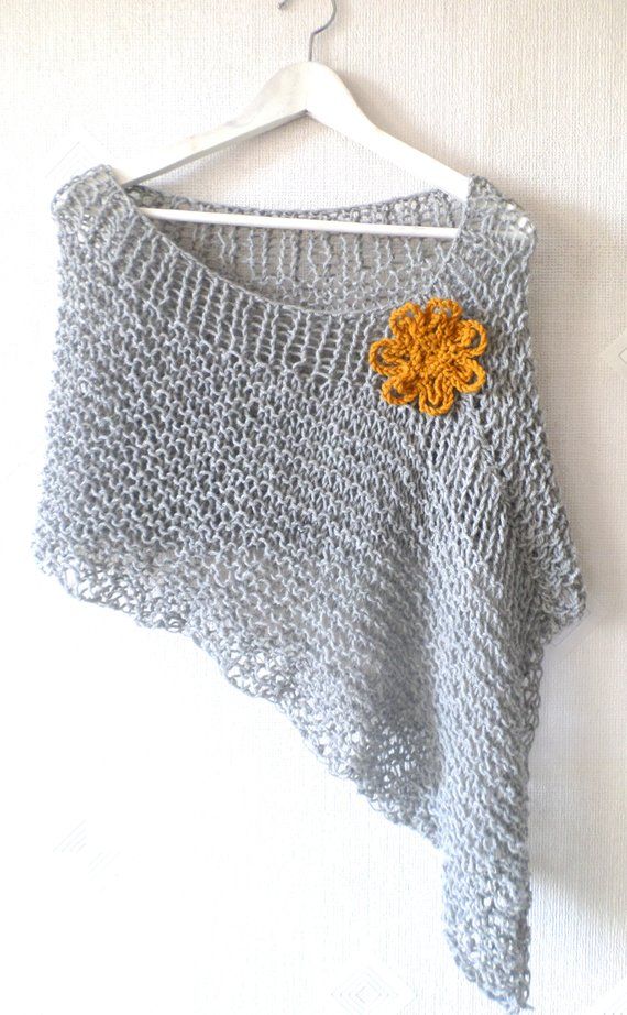 Knit poncho, knit wrap, wool poncho, women knitwear, light gray melange knit poncho, boho chic poncho with Flower, lose knit, gift for Her