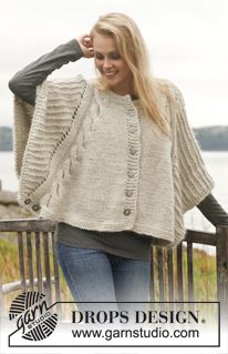 Knitted DROPS poncho with cables and textured pattern in „Nepal“ and „Kid-Silk“….