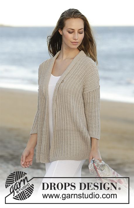 Knitted jacket with textured pattern in DROPS Cotton Merino. Sizes S - XXXL. Fre...