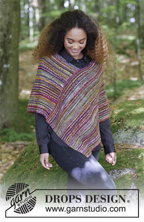 Knitted poncho with garter stitch and stripes. Sizes S – XXXL. The piece is work…