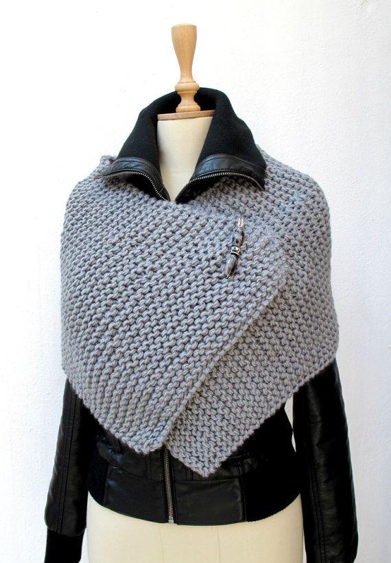 Knitting Capelet, Poncho , Knit, Knitted, Wrap Grey Chunky Sporty Pin Brooch Beaded