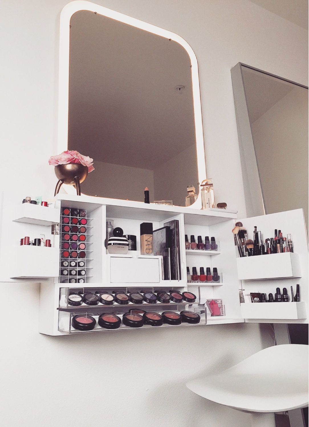 Light Grey Distressed -Wall Mounted Makeup Organizer Vanity