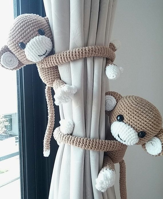 Monkey curtain tie back, cotton yarn crochet monkey, amigurumi