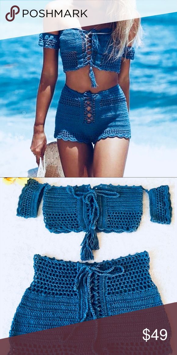 New Handmade Laced up crochet bikini suit NWT Gorgeous ocean blue handmade laced
